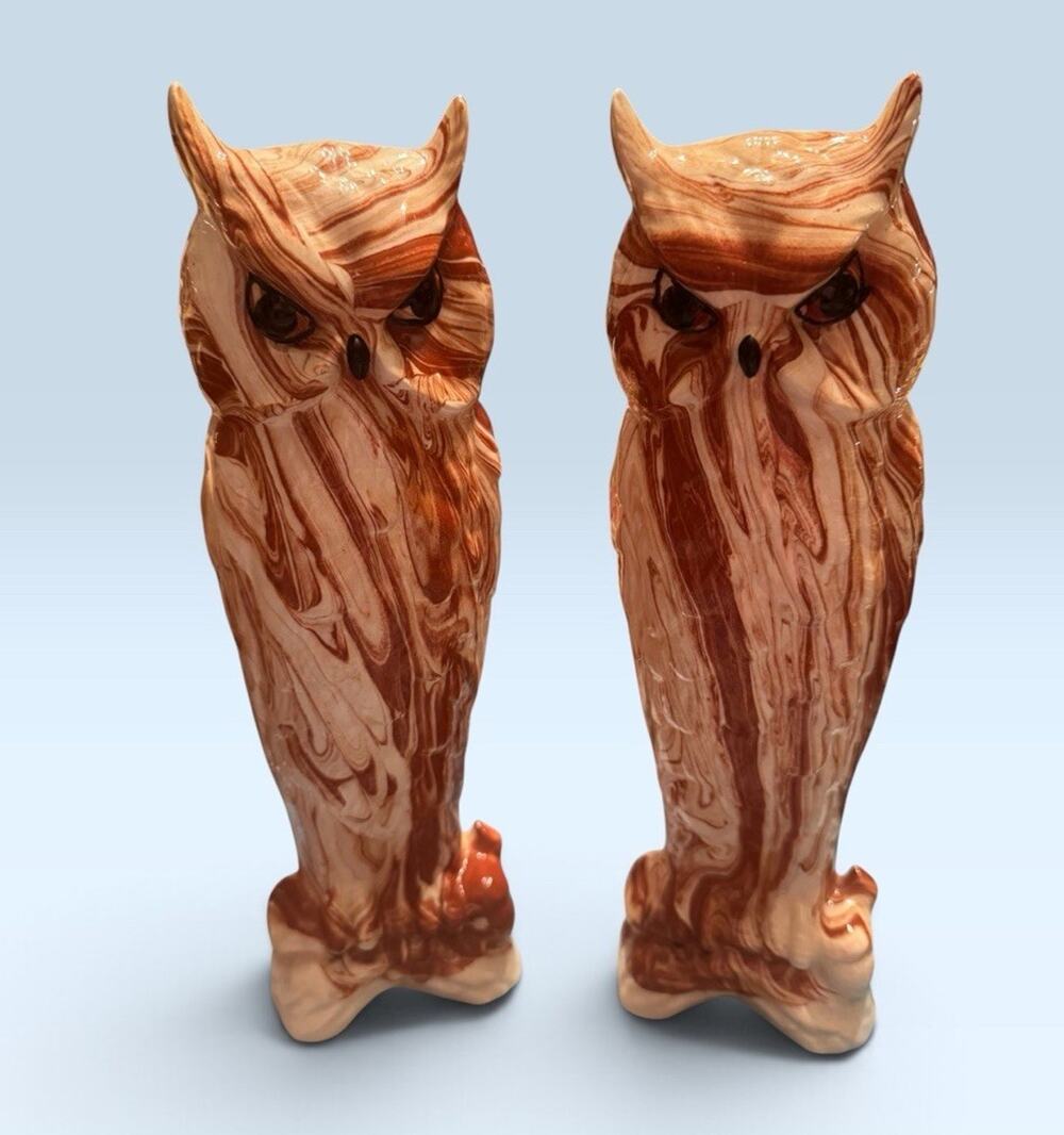 Pair Of Vintage Alaskan Native Clay Owl Figurines 9”